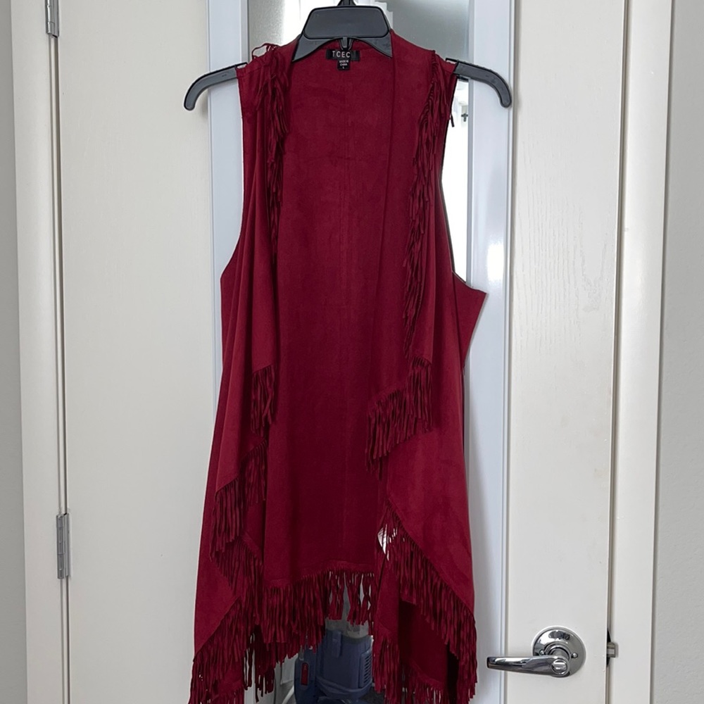 Long Red burgundy suede Fringe Vest